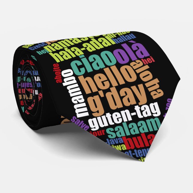 Colourful Hello in Many Languages Word Cloud Tie (Rolled)