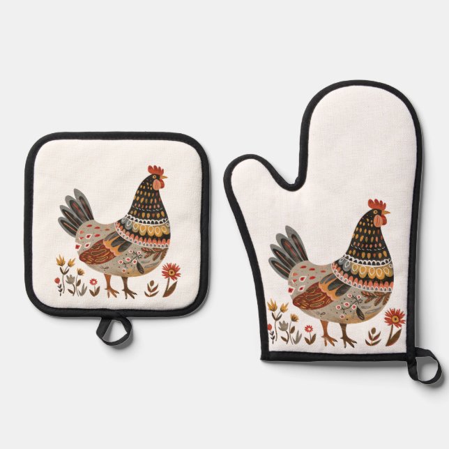 Colourful Hen Scandi Folk Art  Oven Mitt & Pot Holder Set (Front)