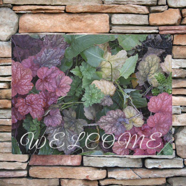 Colourful Heuchera Plant Leaves Botanical Doormat (In Situ)