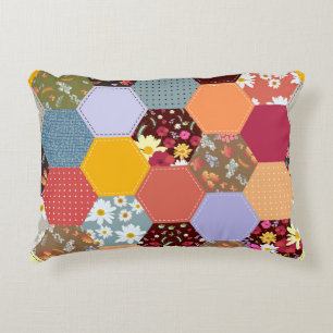 Colourful Hexagon Flowers Quilting Design Decorative Cushion