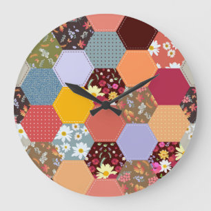 Colourful Hexagon Flowers Quilting Design Large Clock