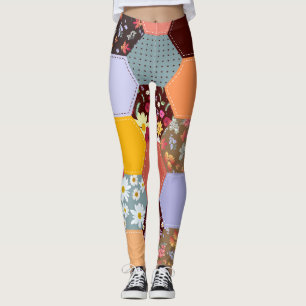 Colourful Hexagon Flowers Quilting Design Leggings