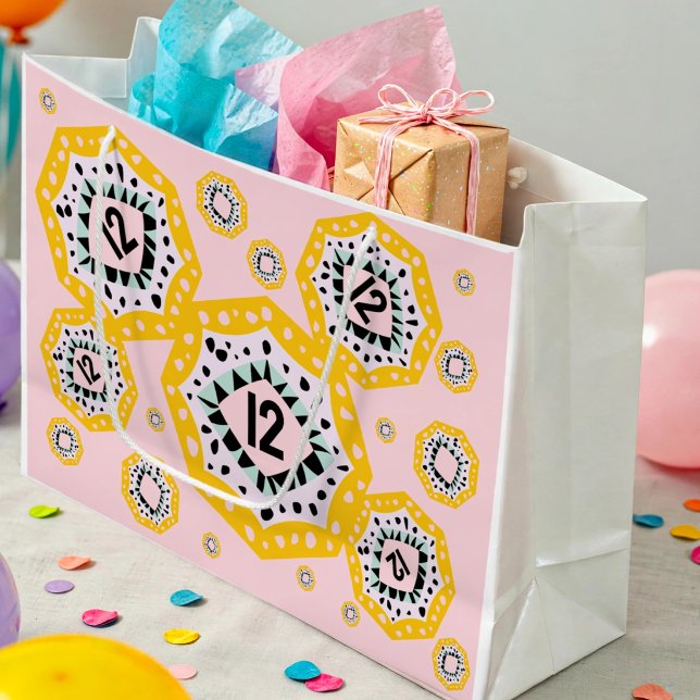 Colourful Hexagon Hand Drawn Gift Bag (Celebrate in style.  A bold geometric bag with your chosen age shining at the heart of the design.)