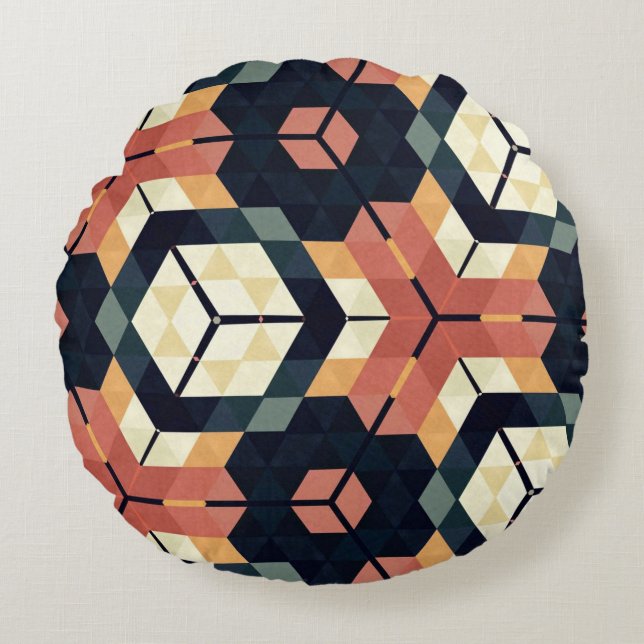 Colourful Hexagon Square Geometric Pattern Round Cushion (Front)
