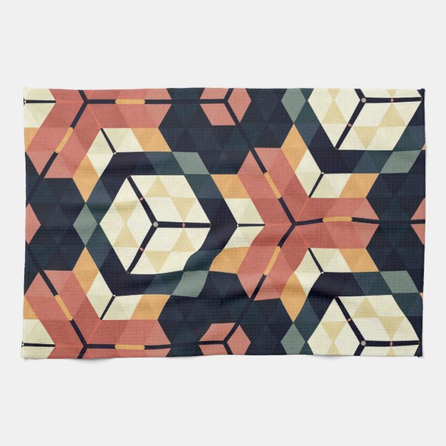 Colourful Hexagon Square Geometric Pattern Tea Towel (Horizontal)