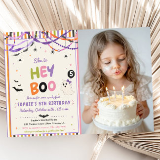 Colourful Hey Boo Halloween 5th Birthday Photo Invitation