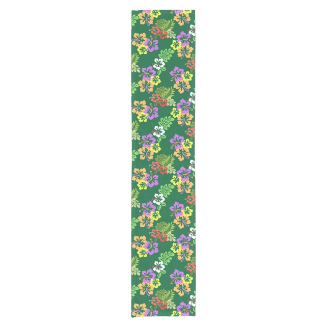 Colourful Hibiscus Flowers in Green Short Table Runner (Front)