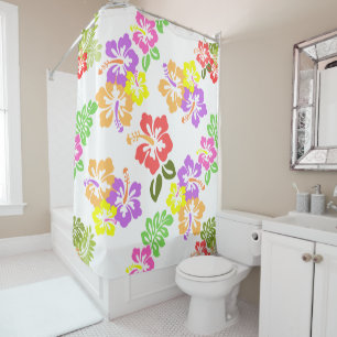 Colourful Hibiscus Flowers in White Shower Curtain