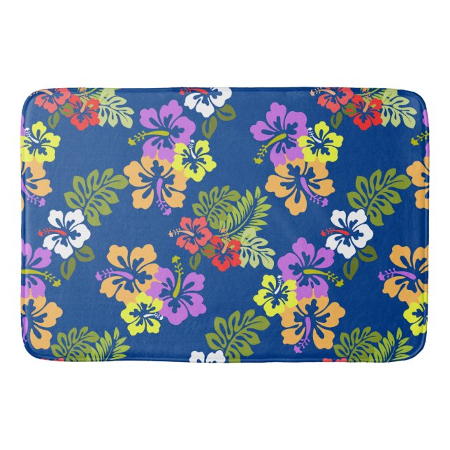 Colourful Hibiscus Flowers Pattern in Blue Bath Mat (Front)