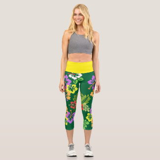 Colourful Hibiscus in Green Capri Leggings