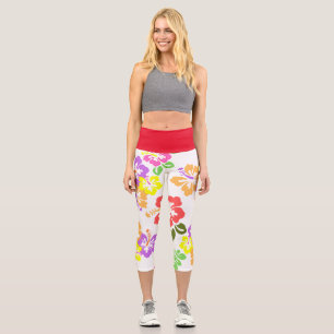 Colourful Hibiscus in White Capri Leggings