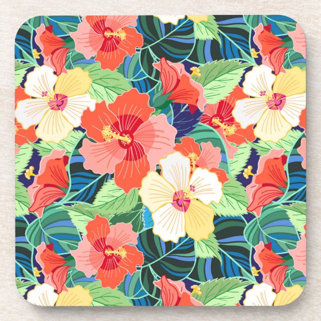 Colourful Hibiscus Pattern Coaster (Front)