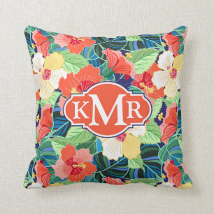 Colourful Hibiscus Pattern Monogram Cushion