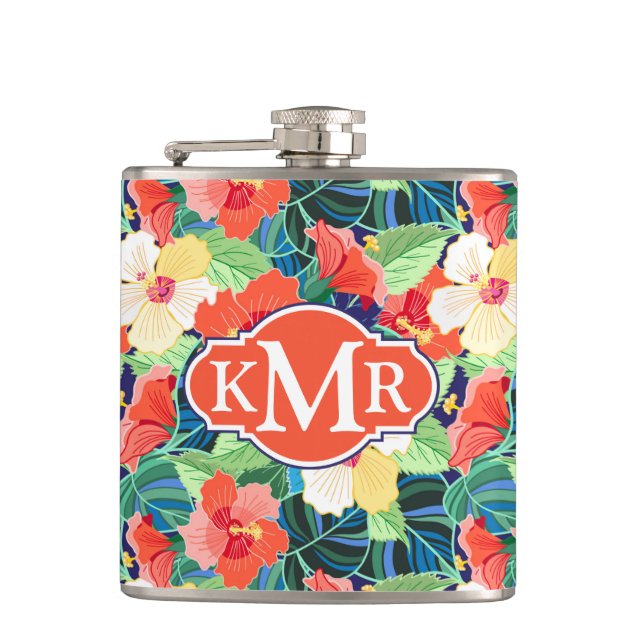 Colourful Hibiscus Pattern | Monogram Hip Flask (Front)
