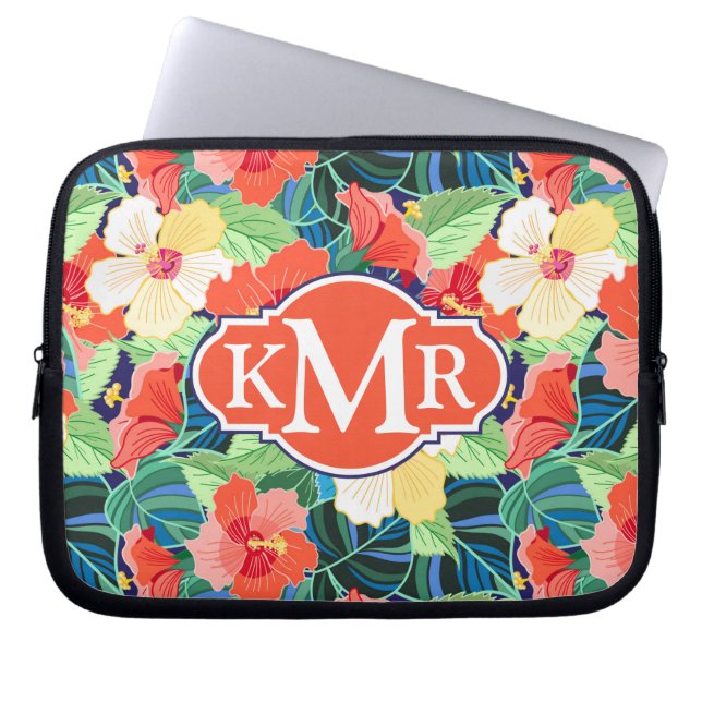 Colourful Hibiscus Pattern | Monogram Laptop Sleeve (Front)