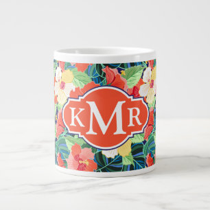 Colourful Hibiscus Pattern   Monogram Large Coffee Mug