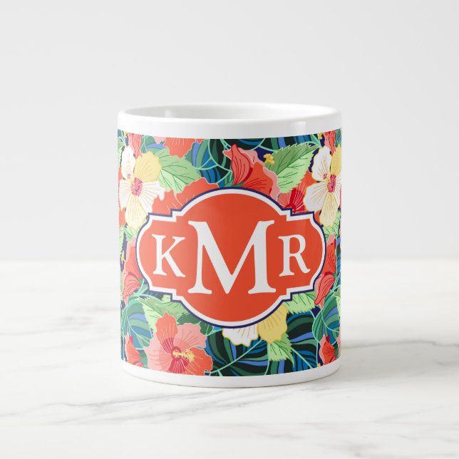 Colourful Hibiscus Pattern | Monogram Large Coffee Mug (Front)