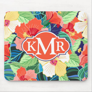 Colourful Hibiscus Pattern   Monogram Mouse Pad
