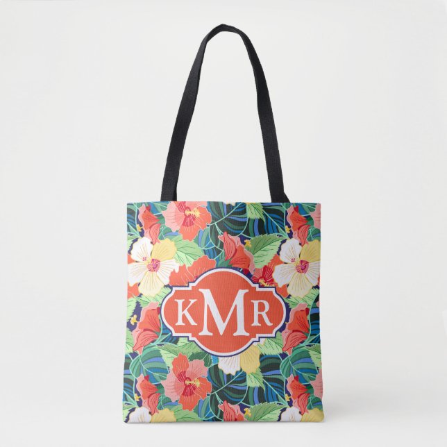 Colourful Hibiscus Pattern | Monogram Tote Bag (Front)