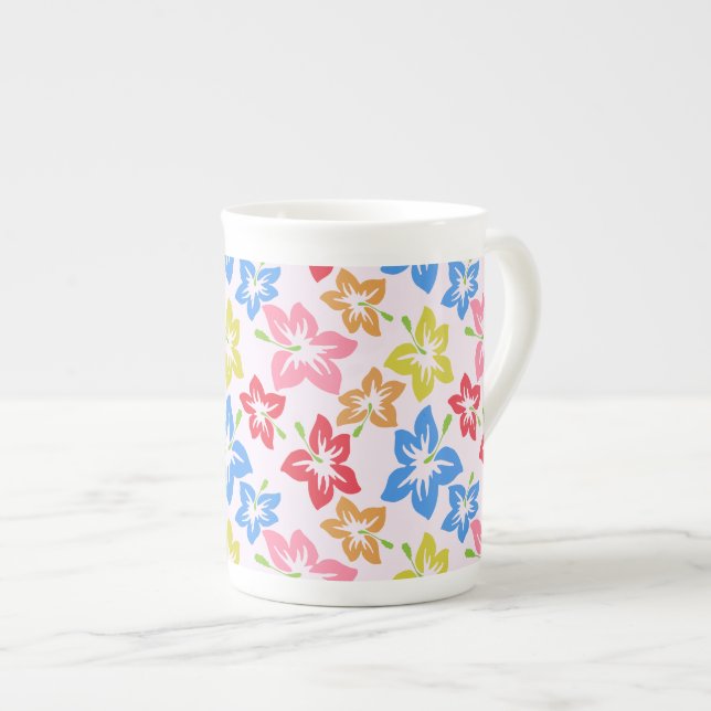 Colourful Hibiscus, Pattern Of Flowers Bone China Mug (Front Right)