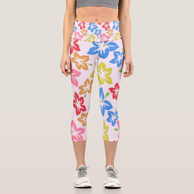 Colourful Hibiscus, Pattern Of Flowers Capri Leggings (Front)
