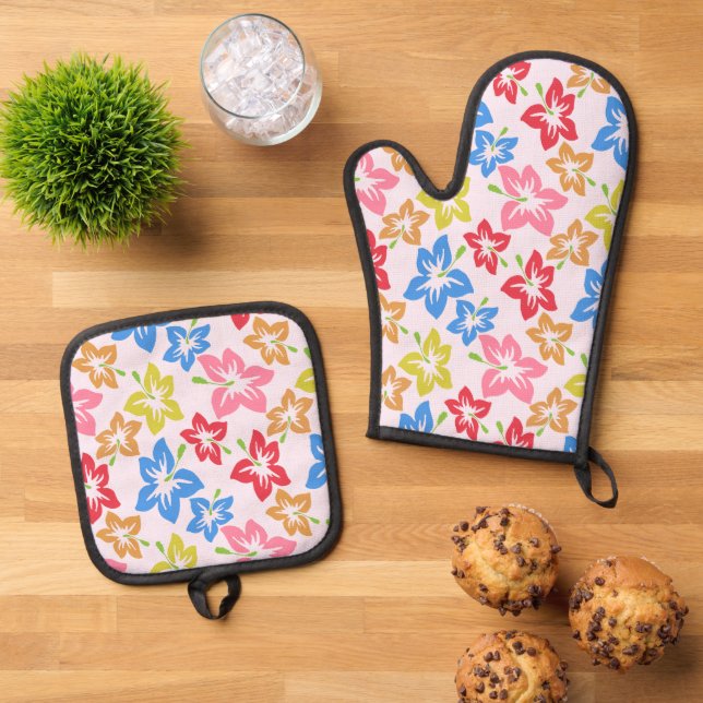 Colourful Hibiscus, Pattern Of Flowers Oven Mitt & Pot Holder Set (Top Down)