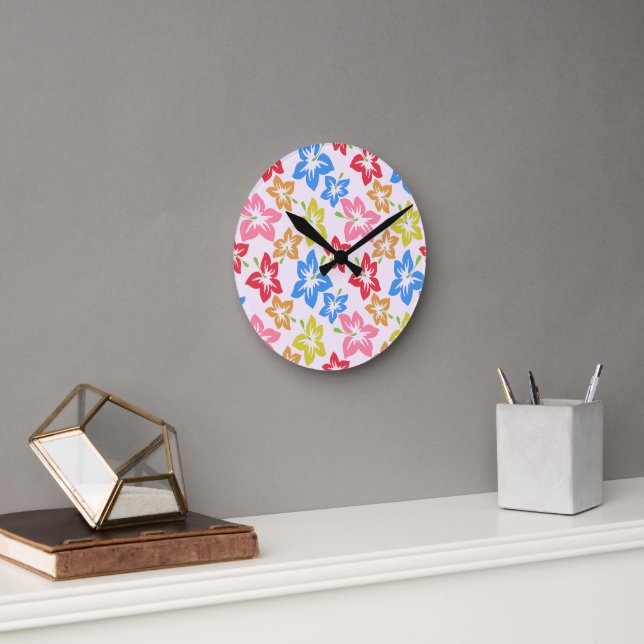Colourful Hibiscus, Pattern Of Flowers Round Clock (Office)