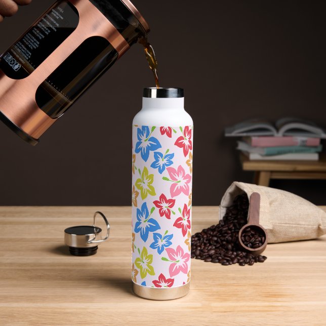 Colourful Hibiscus, Pattern Of Flowers Water Bottle (Coffee)