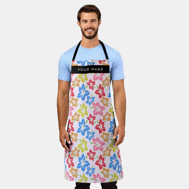 Colourful Hibiscus, Pattern Of Flowers, Your Name Apron (Worn)