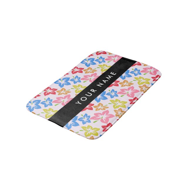 Colourful Hibiscus, Pattern Of Flowers, Your Name Bath Mat (Angled)
