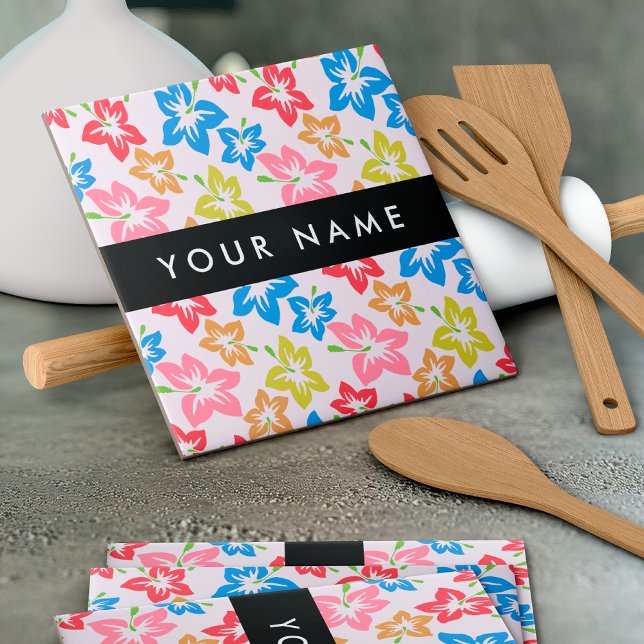 Colourful Hibiscus, Pattern Of Flowers, Your Name Ceramic Tile (Creator Uploaded)