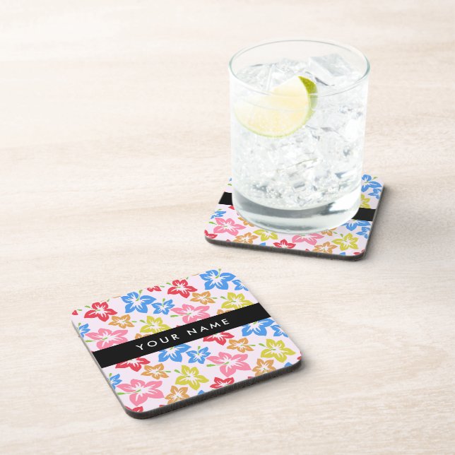 Colourful Hibiscus, Pattern Of Flowers, Your Name Coaster (Right Side)