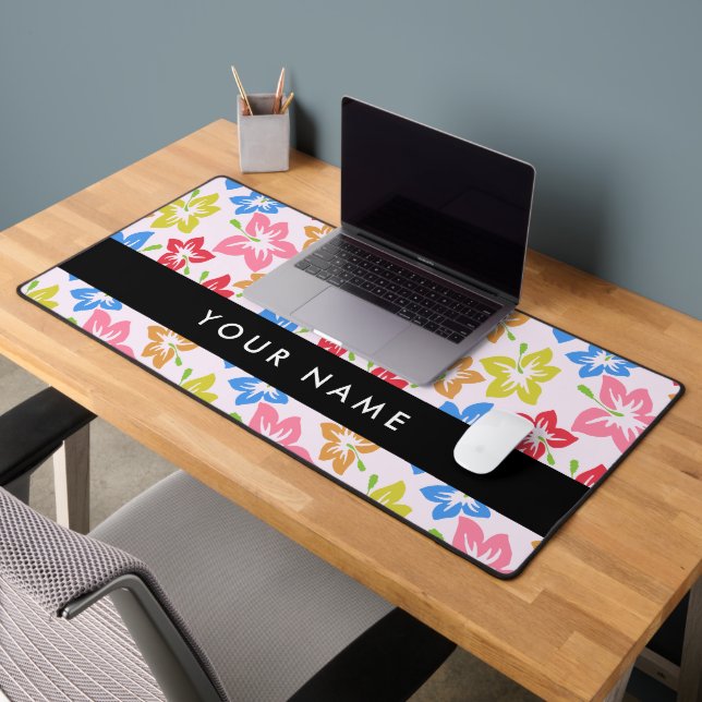 Colourful Hibiscus, Pattern Of Flowers, Your Name Desk Mat (Office 2)