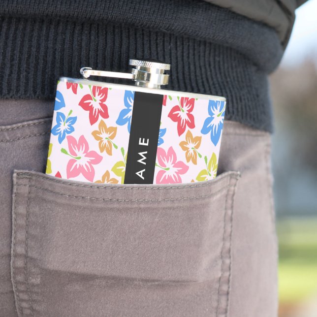 Colourful Hibiscus, Pattern Of Flowers, Your Name Hip Flask (In Situ)