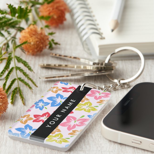 Colourful Hibiscus, Pattern Of Flowers, Your Name Key Ring (Front Right)
