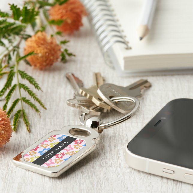 Colourful Hibiscus, Pattern Of Flowers, Your Name Key Ring (Side)
