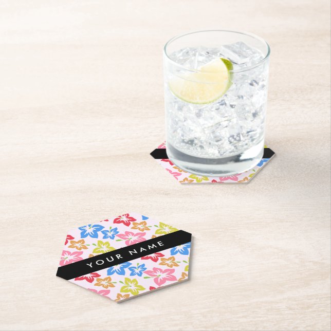 Colourful Hibiscus, Pattern Of Flowers, Your Name Paper Coaster (Insitu)