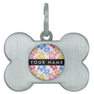 Colourful Hibiscus, Pattern Of Flowers, Your Name Pet ID Tag
