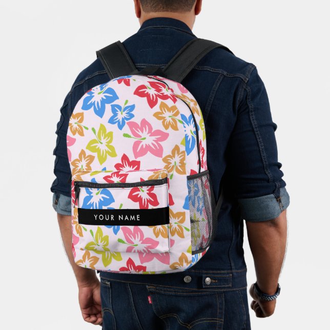 Colourful Hibiscus, Pattern Of Flowers, Your Name Printed Backpack (Insitu (Model))
