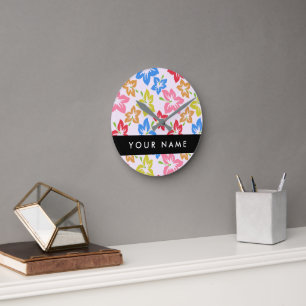 Colourful Hibiscus, Pattern Of Flowers, Your Name Round Clock