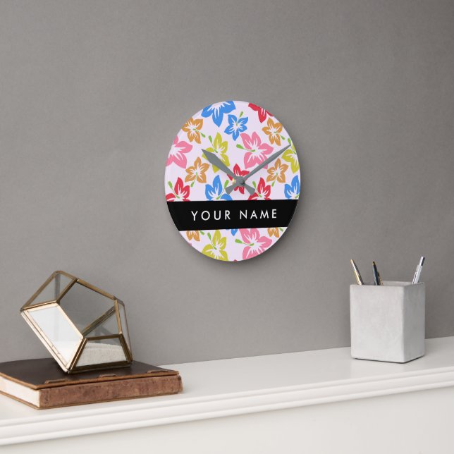 Colourful Hibiscus, Pattern Of Flowers, Your Name Round Clock (Office)