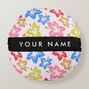 Colourful Hibiscus, Pattern Of Flowers, Your Name Round Cushion
