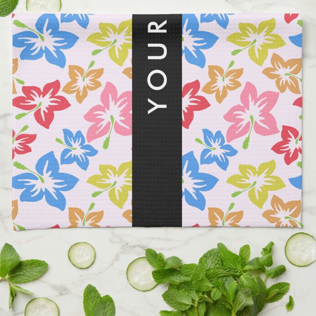 Colourful Hibiscus, Pattern Of Flowers, Your Name Tea Towel (Folded)