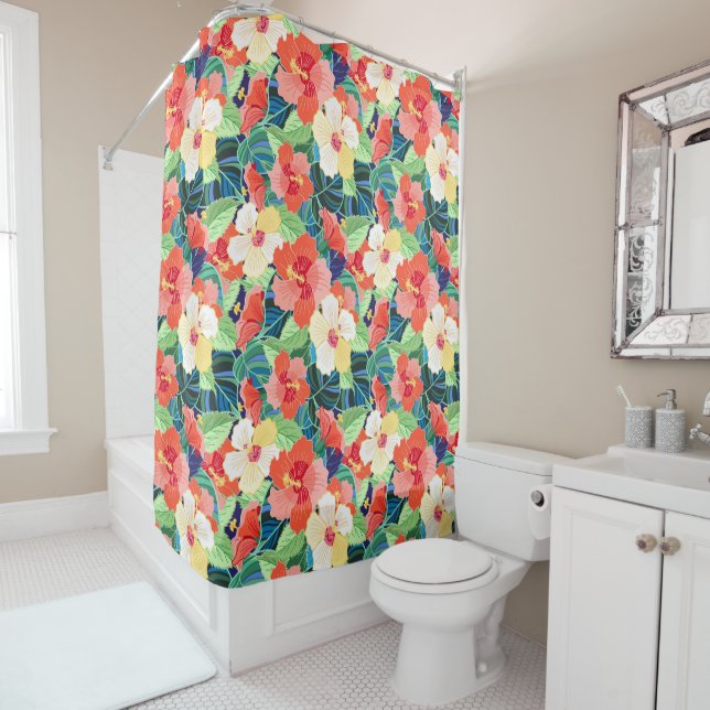 Colourful Hibiscus Pattern Shower Curtain (In Situ)