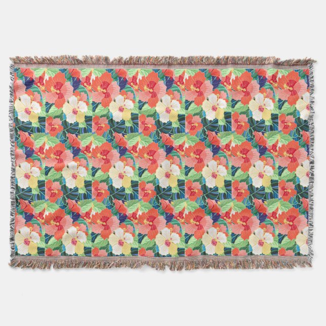 Colourful Hibiscus Pattern Throw Blanket (Front)