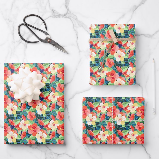 Colourful Hibiscus Pattern Wrapping Paper Sheet (Front)