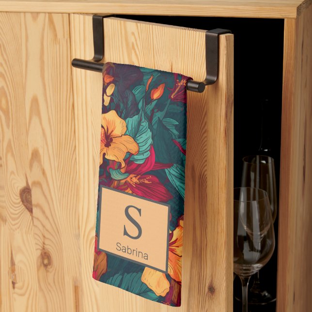 Colourful Hibiscus with Monogram and Name, Floral  Tea Towel (Thirds Fold)