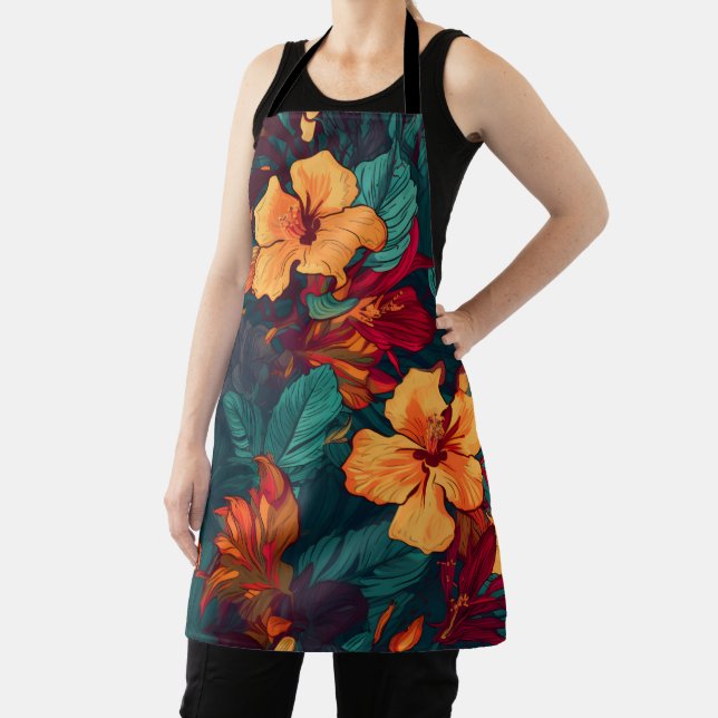 Colourful Hibiscus, Yellow Green Floral, Gardening Apron (Insitu)