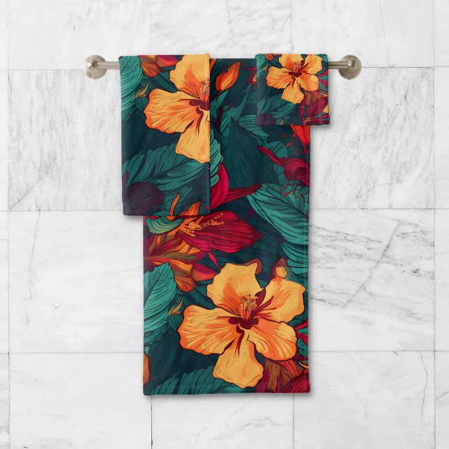 Colourful Hibiscus, Yellow Orange Green Floral Bath Towel Set (Creator Uploaded)