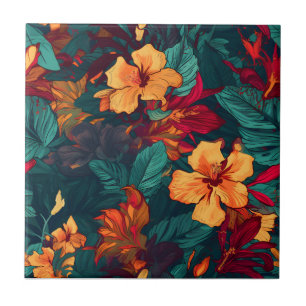 Colourful Hibiscus, Yellow Orange Green Floral Ceramic Tile